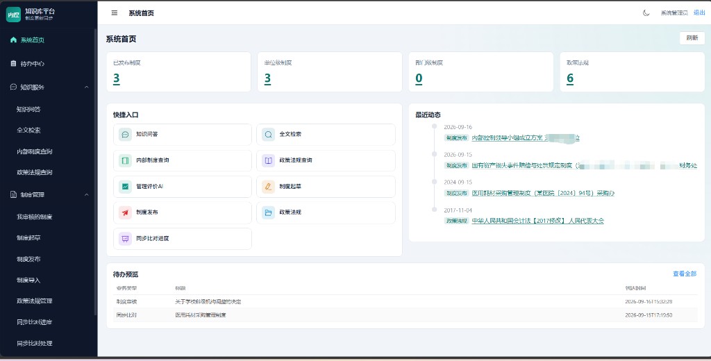 知识库工作台界面,包含制度统计、知识问答、全文检索和最近动态